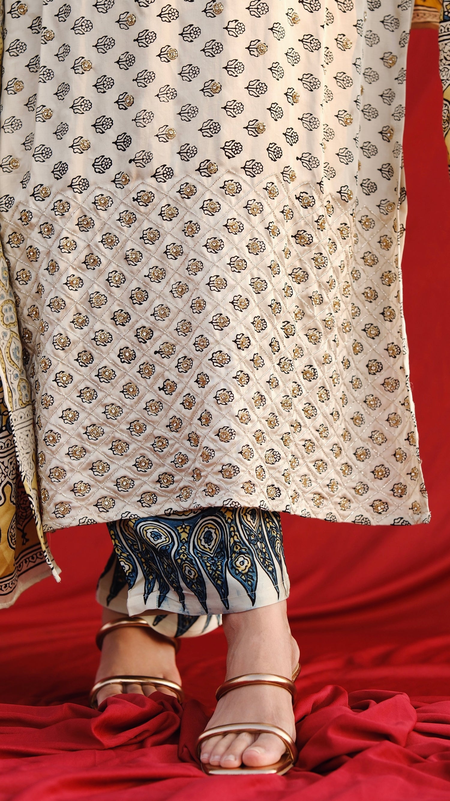 Ajrakh hand dyed hand block printed modal silk straight cut salwar set with cutbead handwork