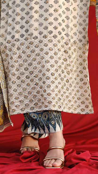 Ajrakh hand dyed hand block printed modal silk straight cut salwar set with cutbead handwork