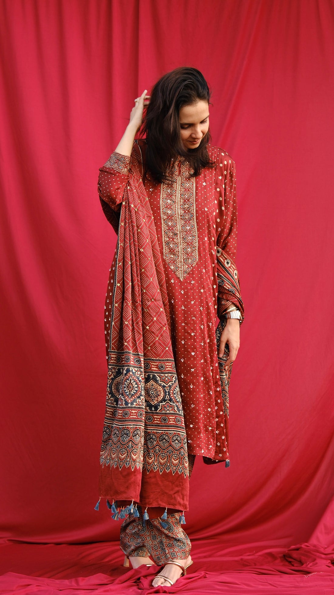 Ajrakh hand dyed hand block printed modal silk panel cut salwar set with cut bead handwork