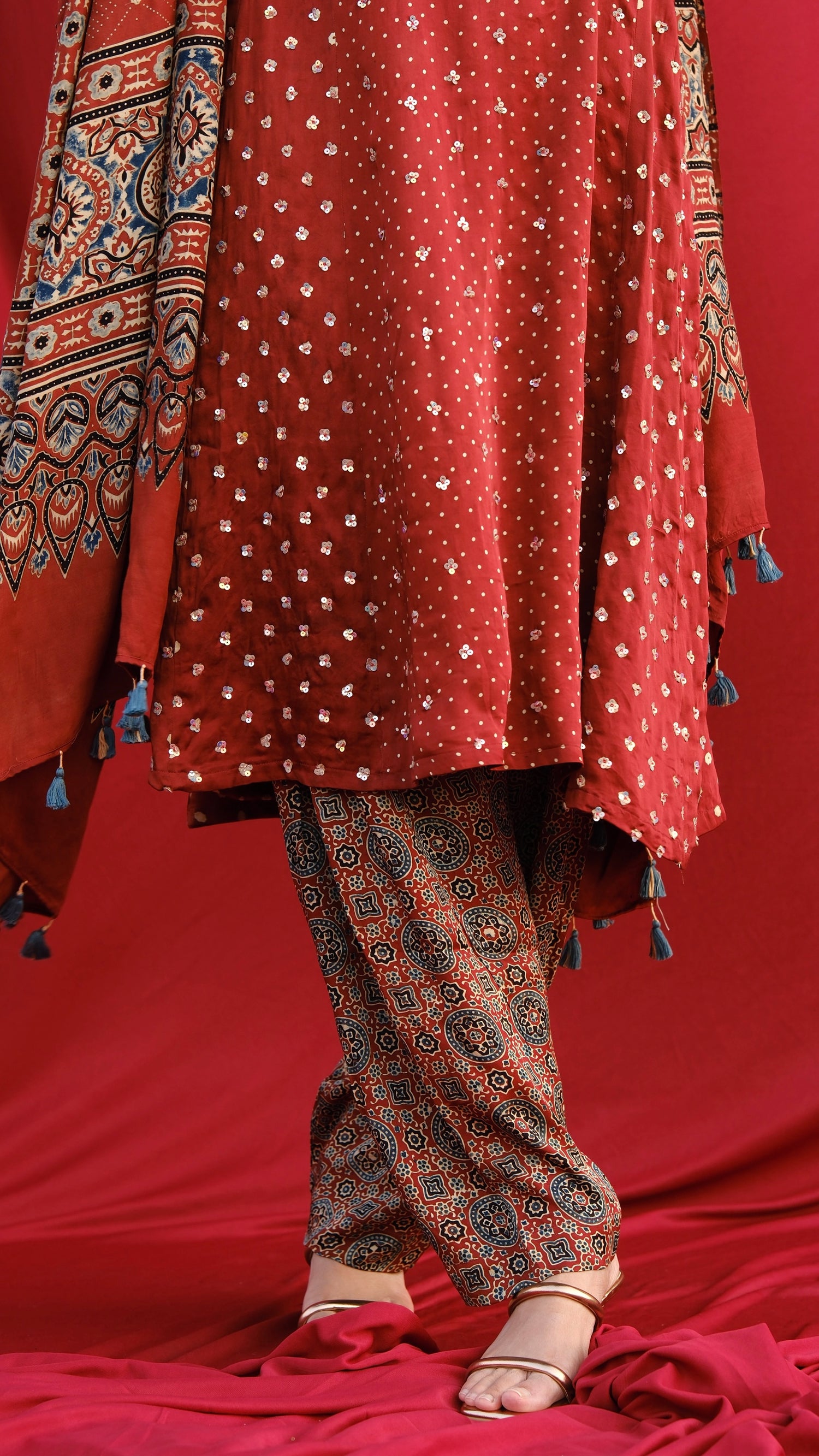 Ajrakh hand dyed hand block printed modal silk panel cut salwar set with cut bead handwork
