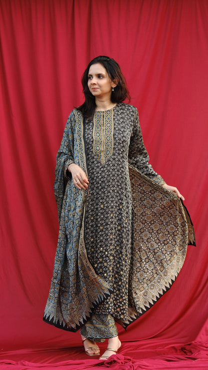 Ajrakh hand dyed hand block printed modal silk straight cut salwar set with cutbead handwork