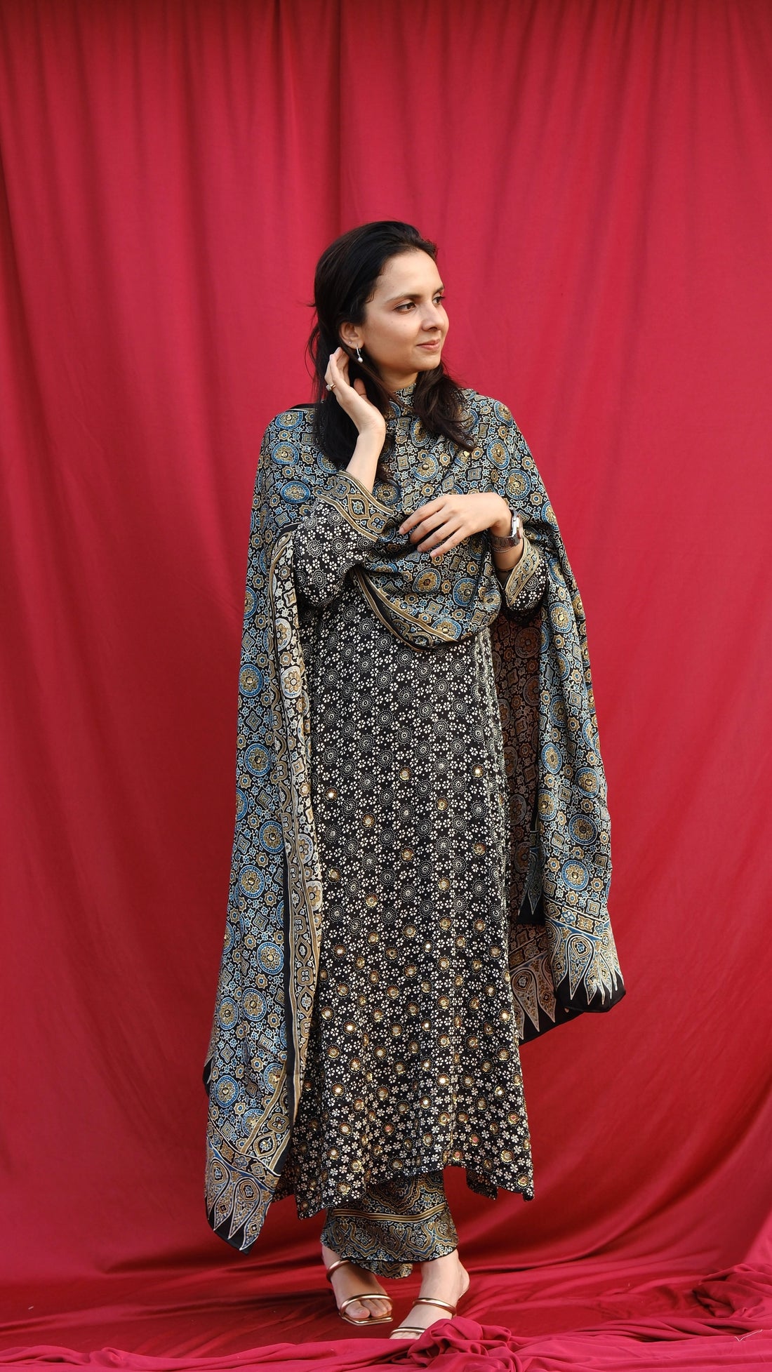 Ajrakh hand dyed hand block printed modal silk straight cut salwar set with cutbead handwork