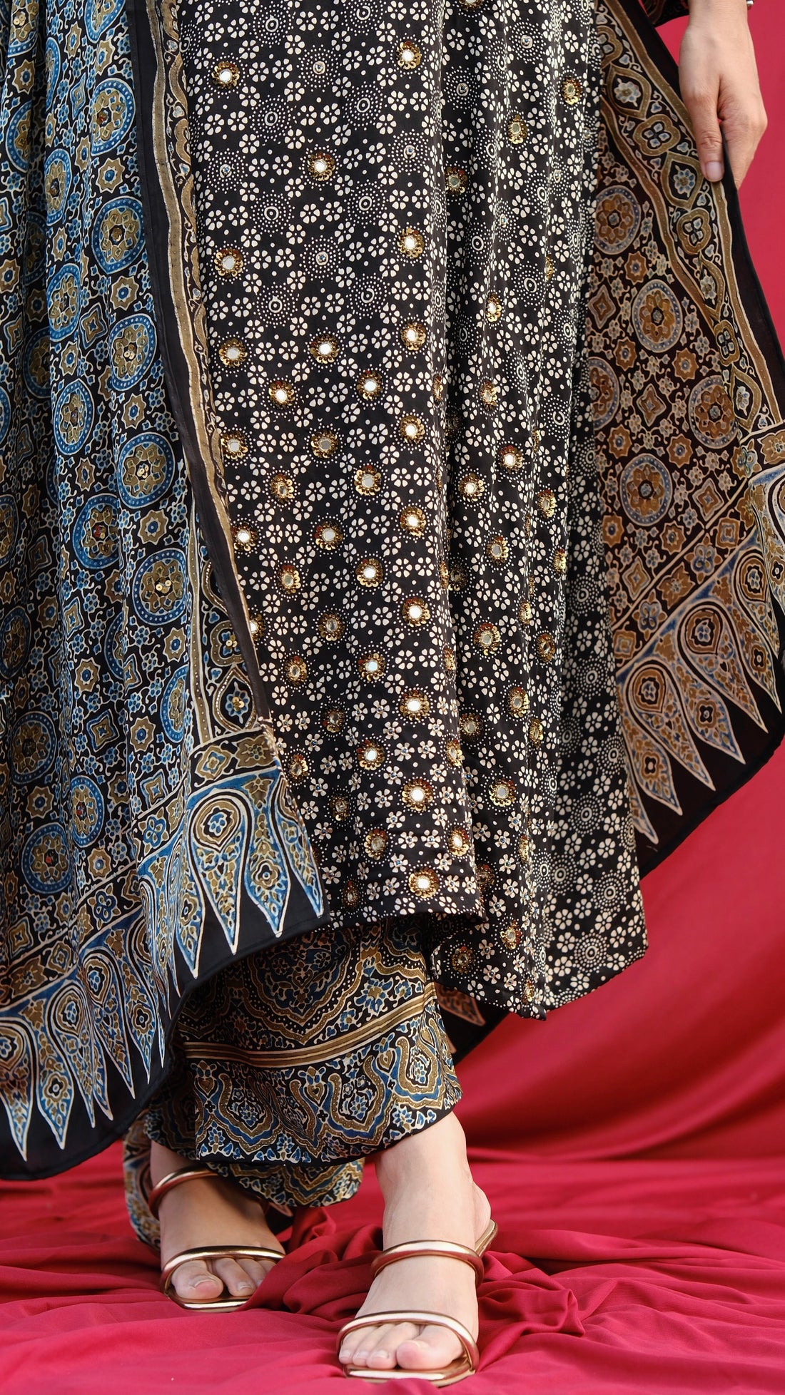 Ajrakh hand dyed hand block printed modal silk straight cut salwar set with cutbead handwork