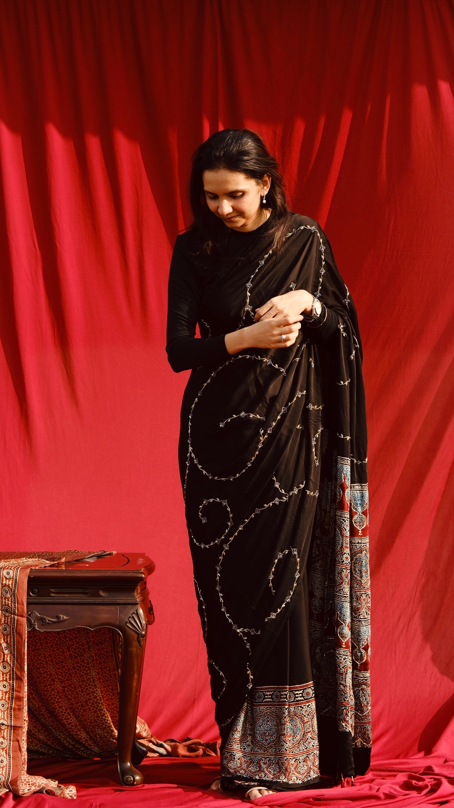 Ajrakh modal silk handworked saree with modal silk handworked dupatta