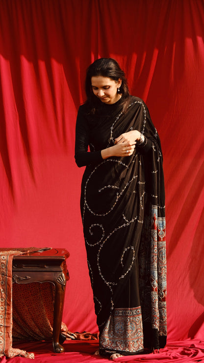 Ajrakh modal silk handworked saree with modal silk handworked dupatta