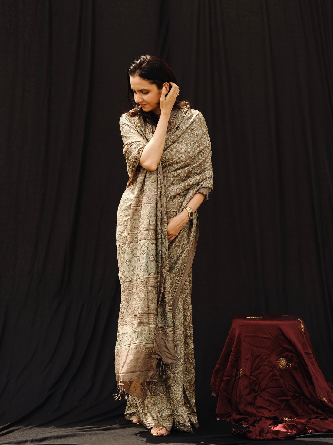Ajrakh tussar silk hand dyed, hand block printed and handworked saree