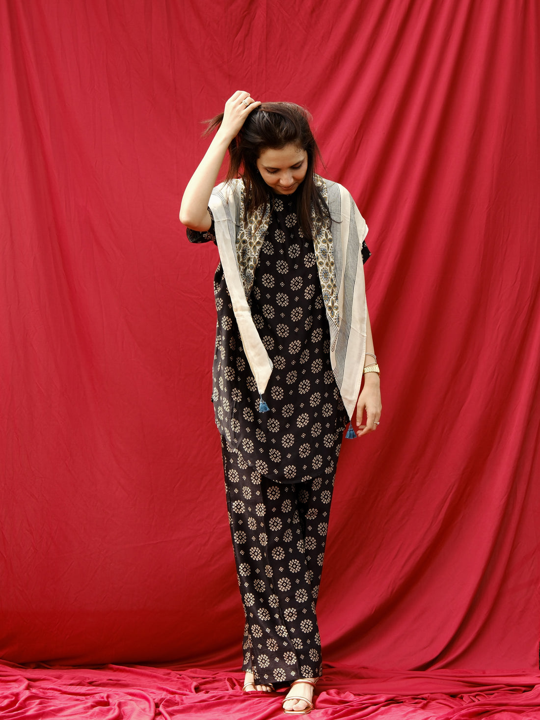 AJRAKH hand dyed hand block printed pure modal silk long scarf