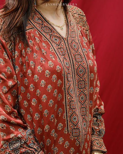 Ajrakh hand dyed hand block printed modal silk maxi dress