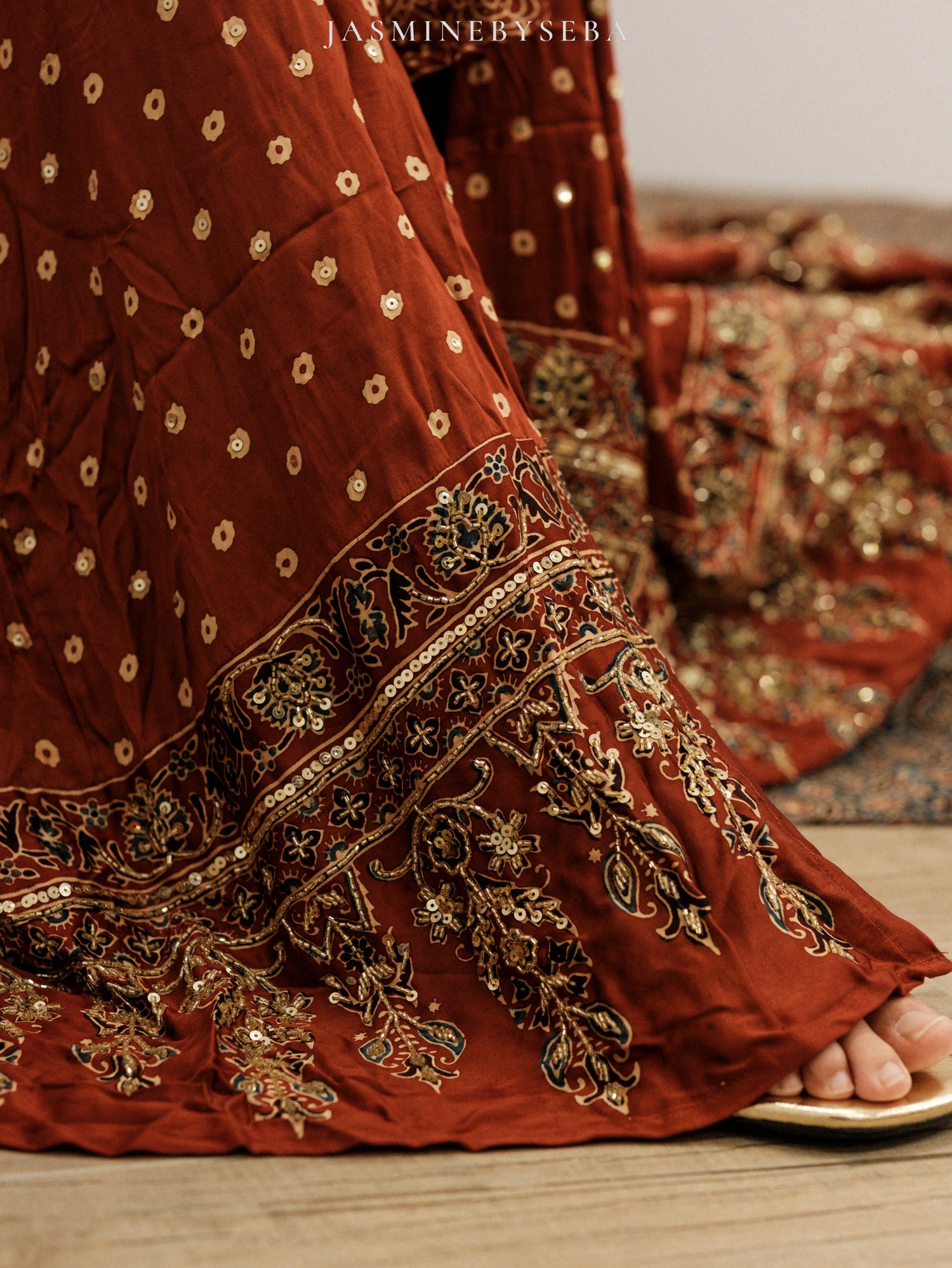 Ajrakh hand dyed hand block printed modal silk panel cut salwar set with cut bead handwork