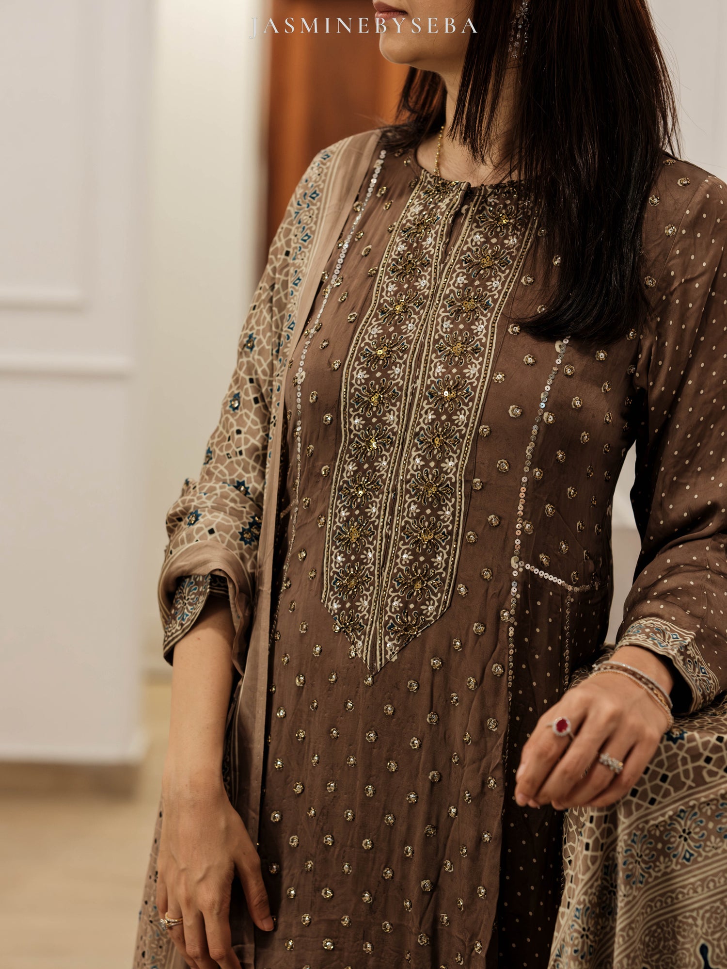 Ajrakh hand dyed hand block printed modal silk panel cut salwar set with cut bead handwork