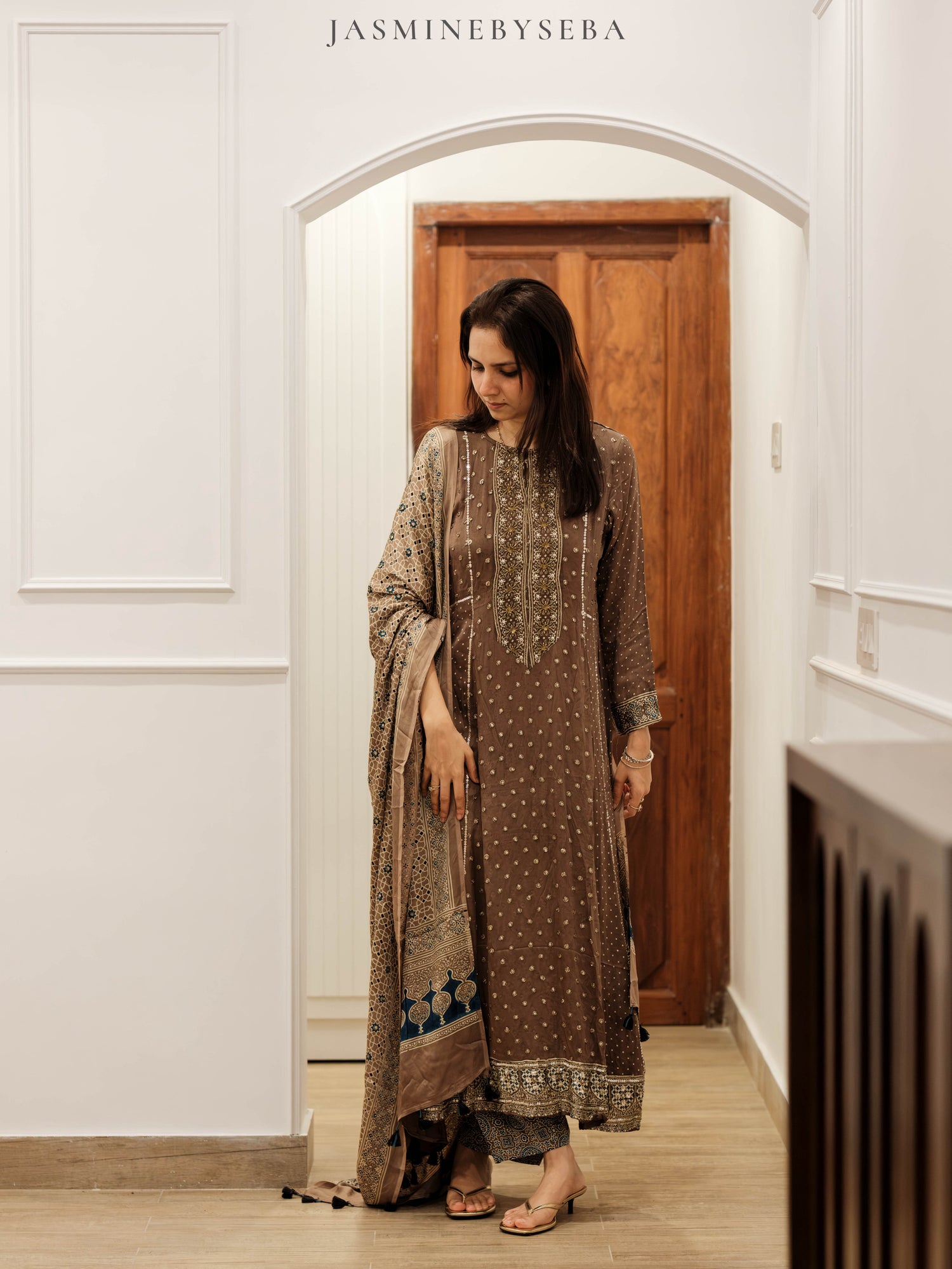 Ajrakh hand dyed hand block printed modal silk panel cut salwar set with cut bead handwork