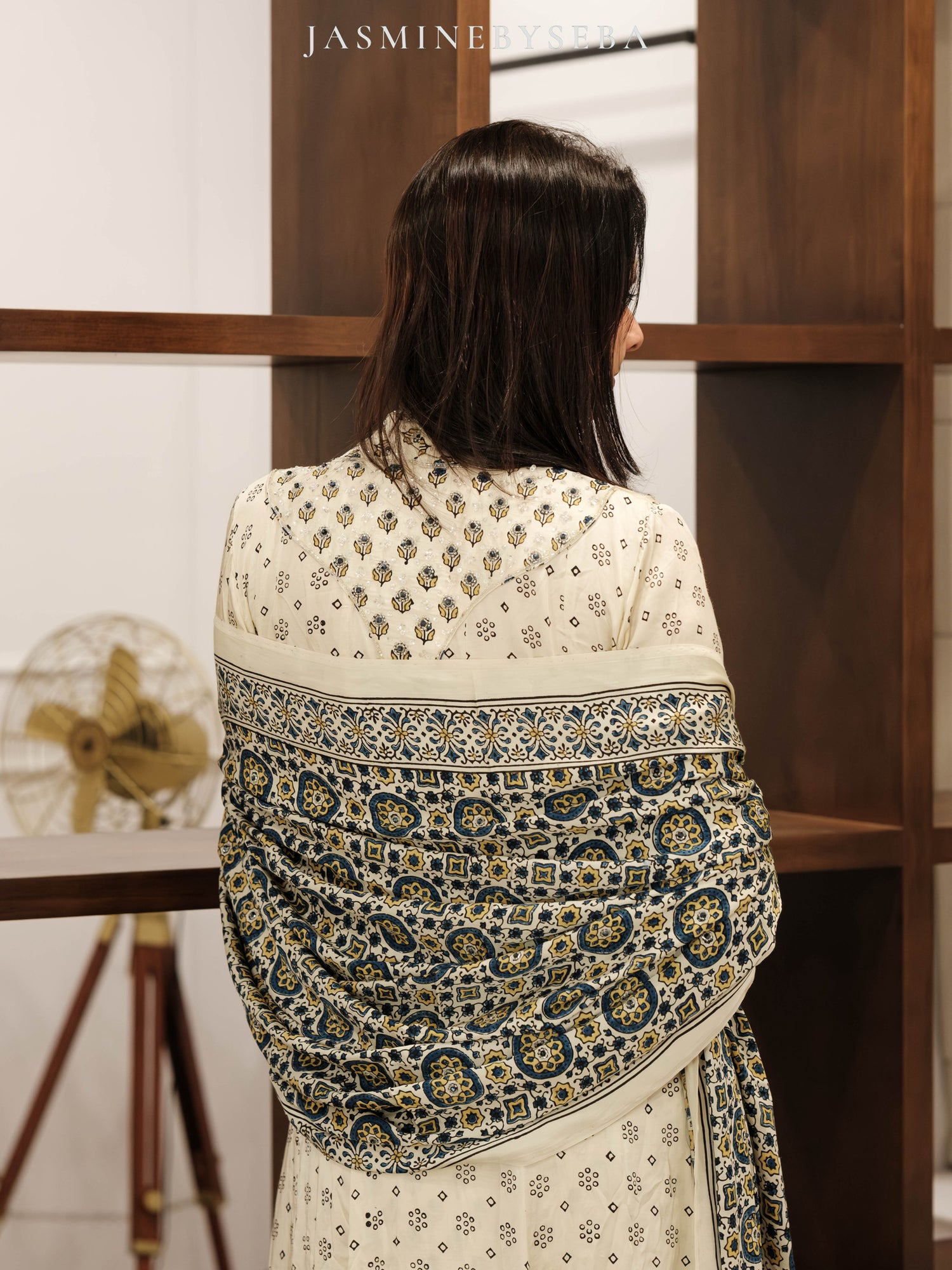 Ajrakh hand dyed hand block printed modal silk panel cut salwar set with cut bead handwork