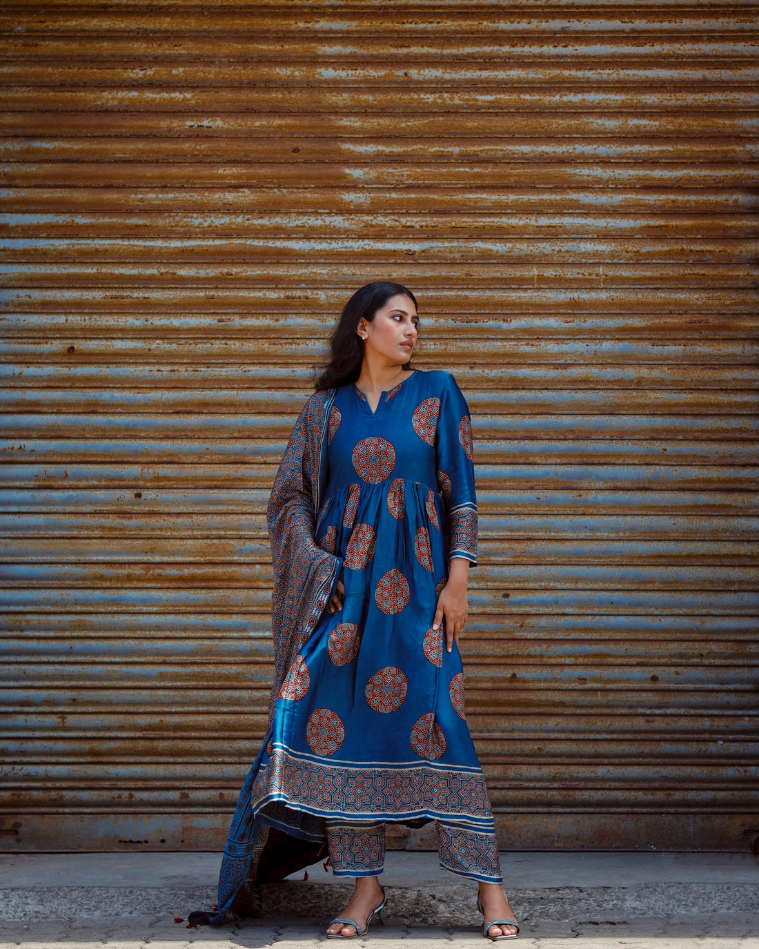 Ajrakh Indigo modal silk pleated set.