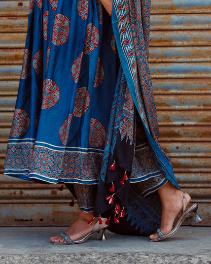 Ajrakh Indigo modal silk pleated set.