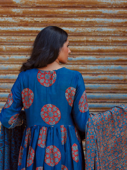 Ajrakh Indigo modal silk pleated set.