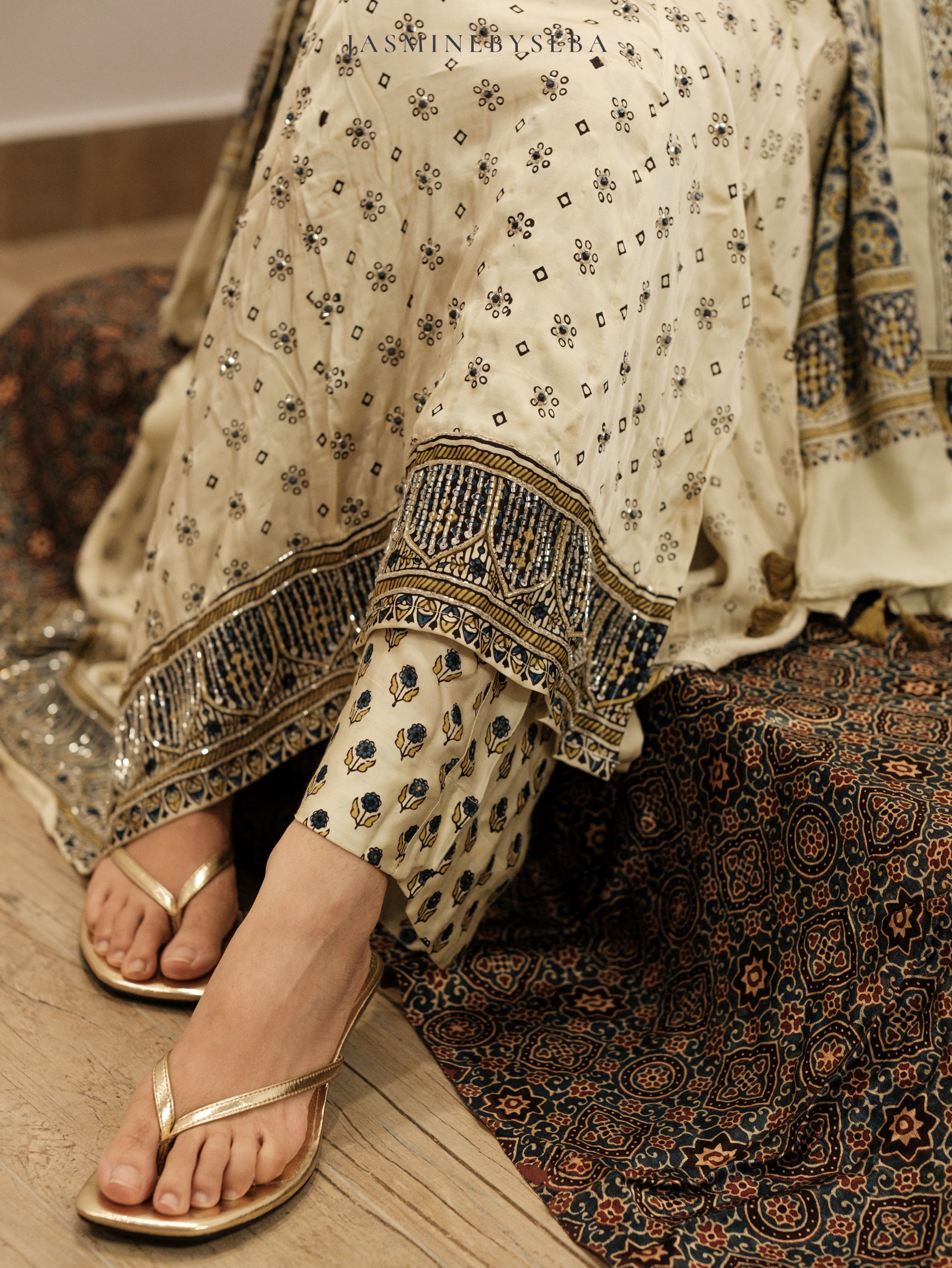 Ajrakh hand dyed hand block printed modal silk panel cut salwar set with cut bead handwork