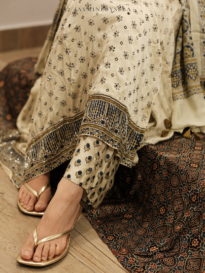 Ajrakh hand dyed hand block printed modal silk panel cut salwar set with cut bead handwork