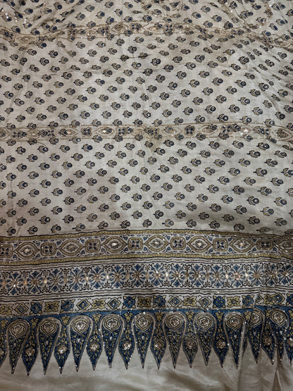 Ajrakh pure handloom gajji silk hand dyed, hand block printed and handworked saree