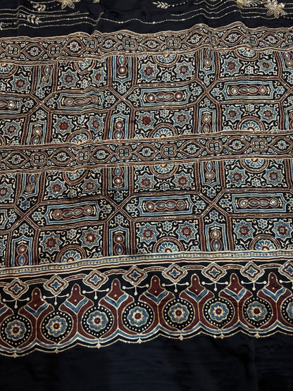 Ajrakh pure modal silk hand dyed, hand block printed and handworked saree