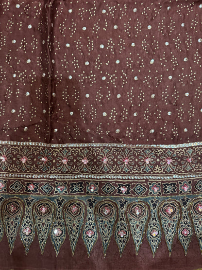 Ajrakh pure handloom gajji silk hand dyed, hand block printed and handworked saree
