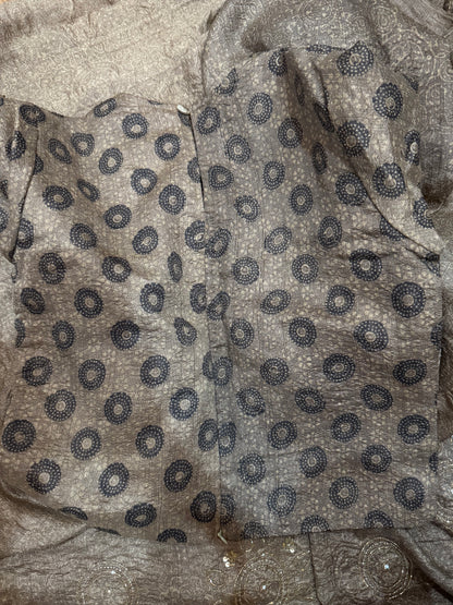 Ajrakh pure handloom tussar silk hand dyed, hand block printed and handworked saree