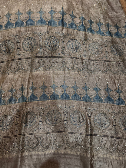 Ajrakh pure handloom tussar silk hand dyed, hand block printed and handworked saree