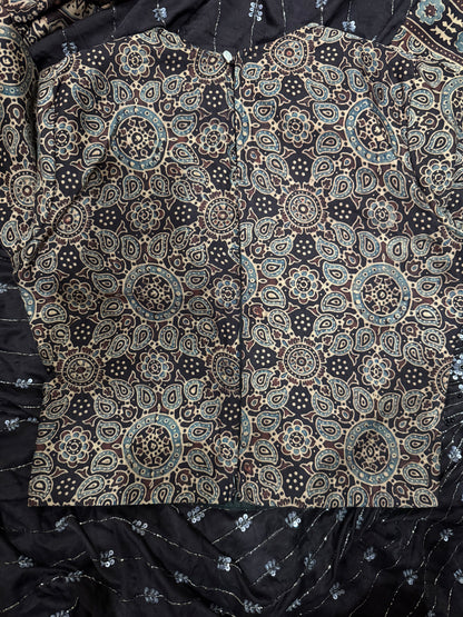 Ajrakh pure handloom gajji silk hand dyed, hand block printed and handworked saree