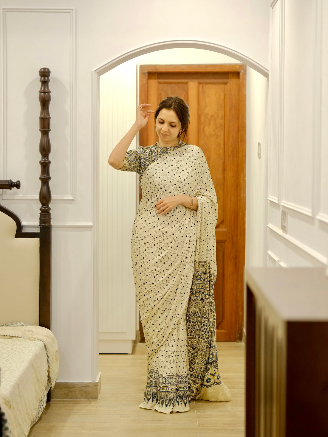 Ajrakh pure modal silk hand dyed, hand block printed and handworked saree
