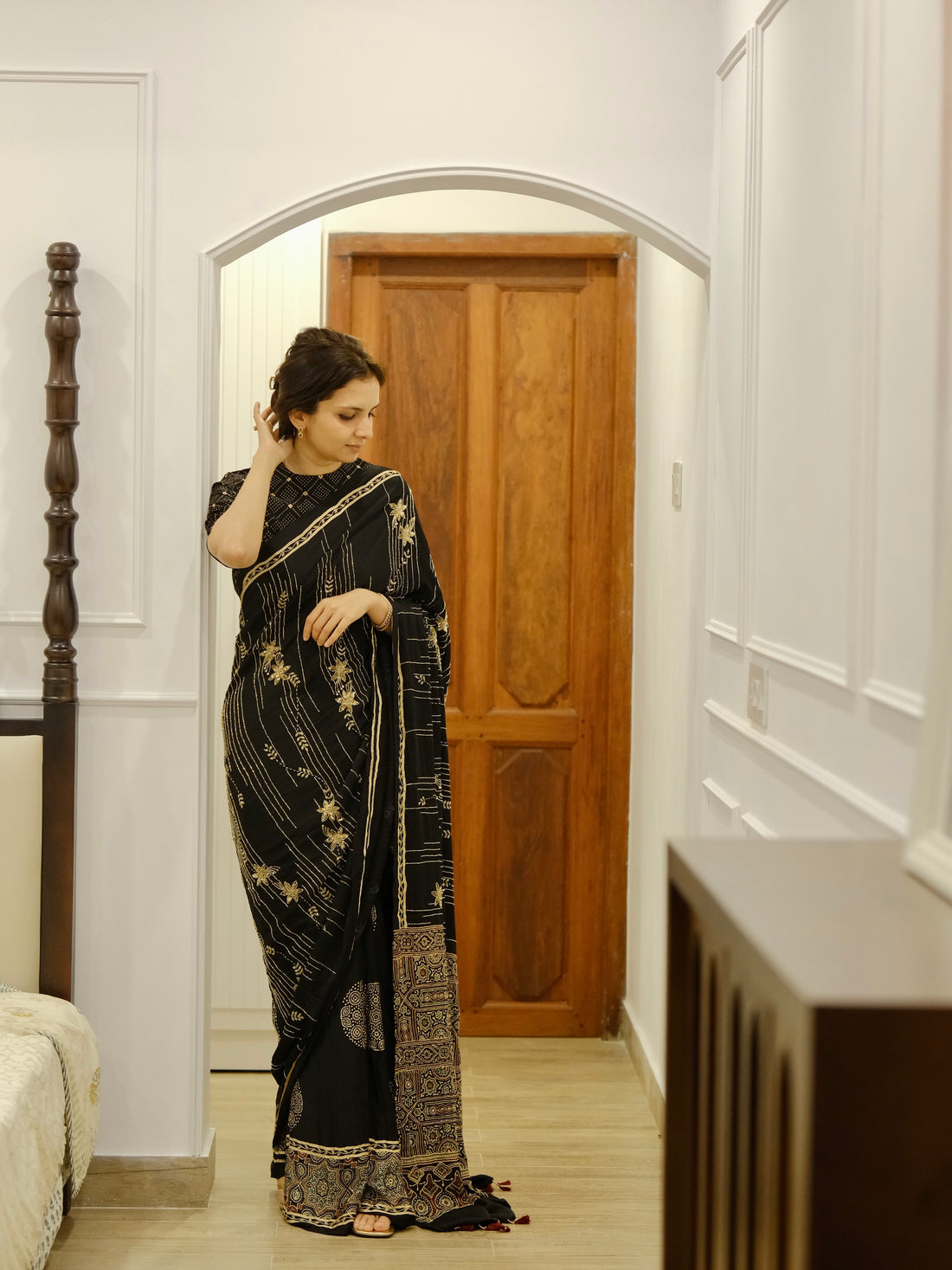 Ajrakh pure modal silk hand dyed, hand block printed and handworked saree