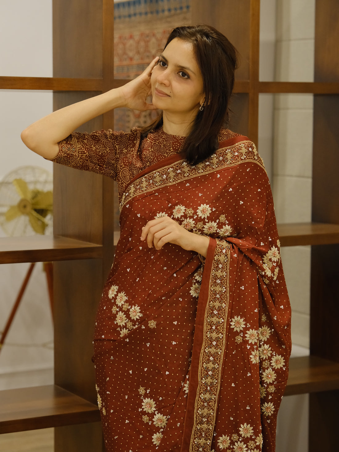 Ajrakh pure modal silk hand dyed, hand block printed and handworked saree