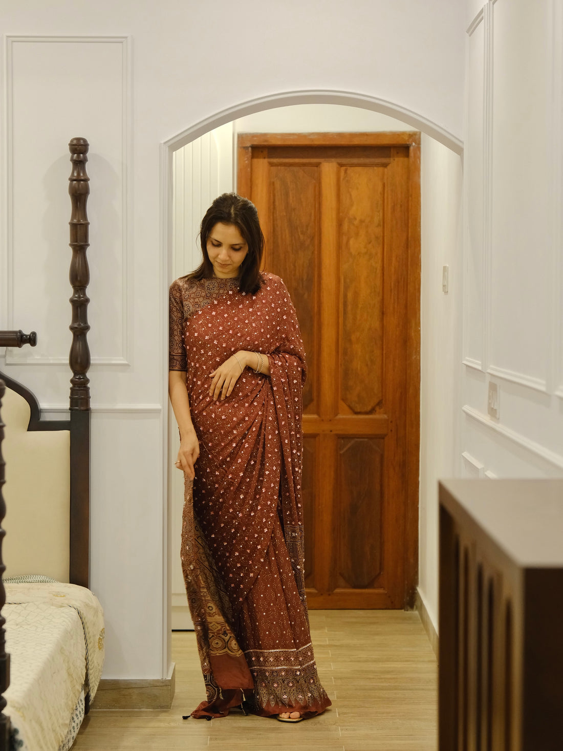 Ajrakh pure handloom gajji silk hand dyed, hand block printed and handworked saree