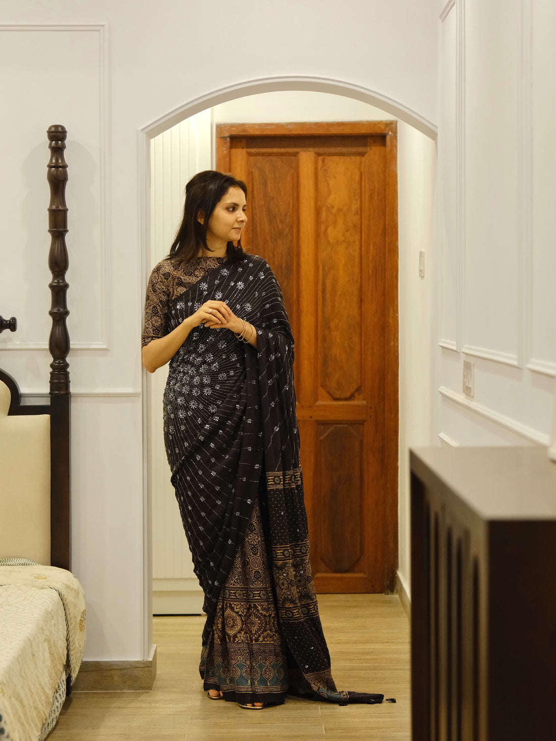 Ajrakh pure handloom gajji silk hand dyed, hand block printed and handworked saree
