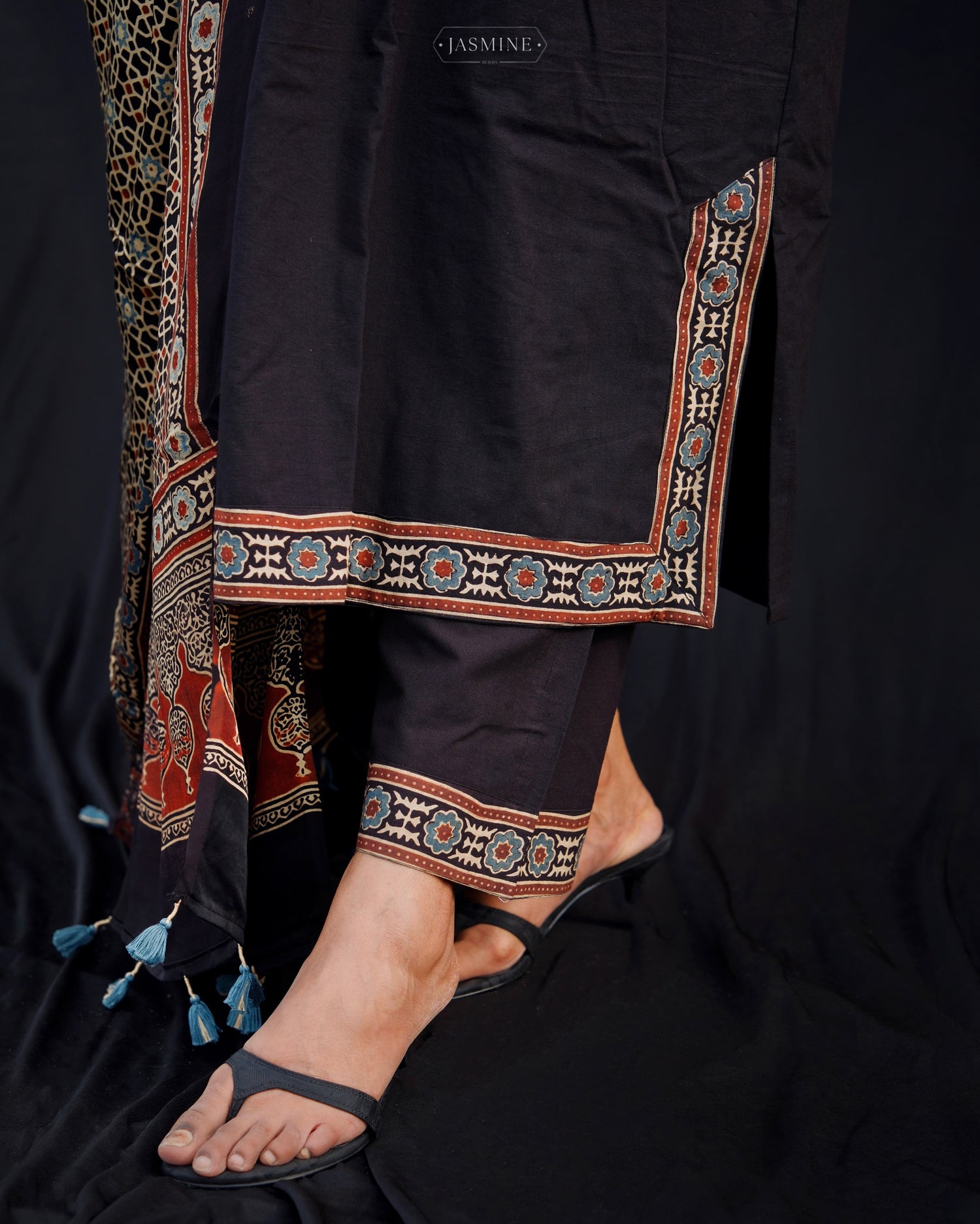 Cotton Ajrakh pleated set with modal silk dupatta. JasmineBySeba Cotton Ajrakh pleated set with modal silk dupatta. JasmineBySeba