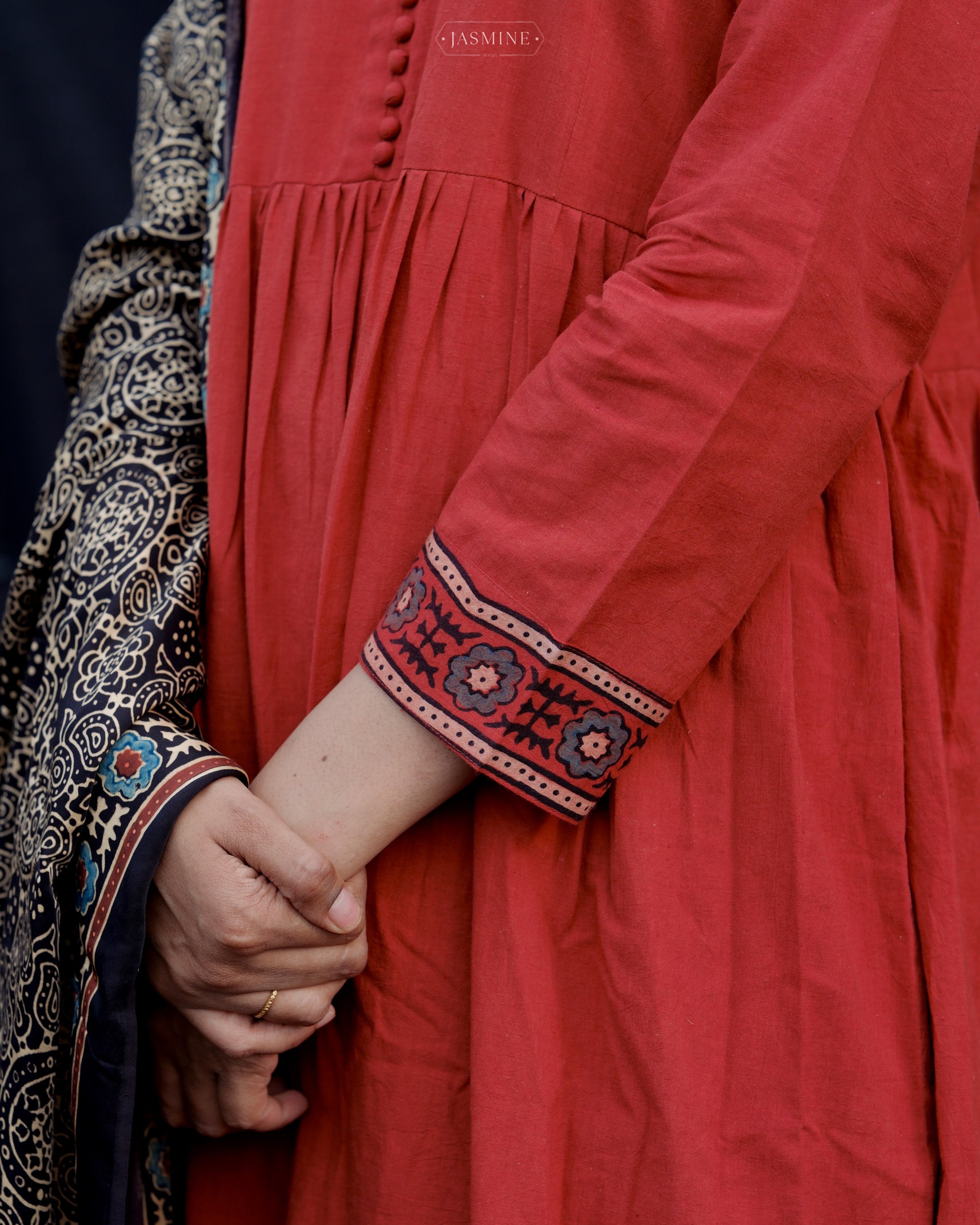 Ajrakh cotton pleated top and pants with  modal silk dupatta.