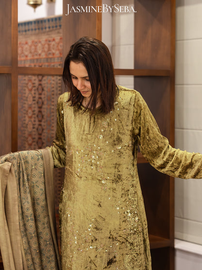 Ajrakh hand dyed hand block printed velvet silk salwar set with hand embroidry