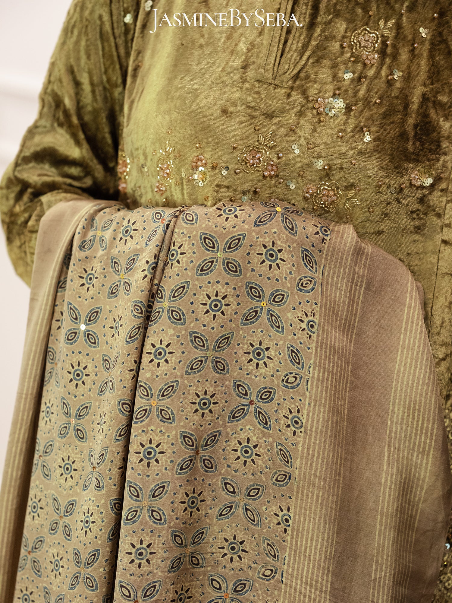 Ajrakh hand dyed hand block printed velvet silk salwar set with hand embroidry