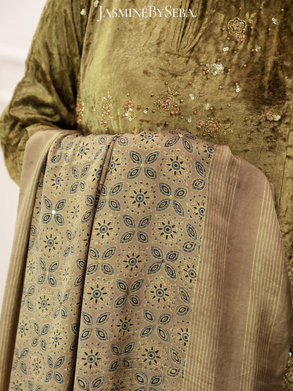 Ajrakh hand dyed hand block printed velvet silk salwar set with hand embroidry
