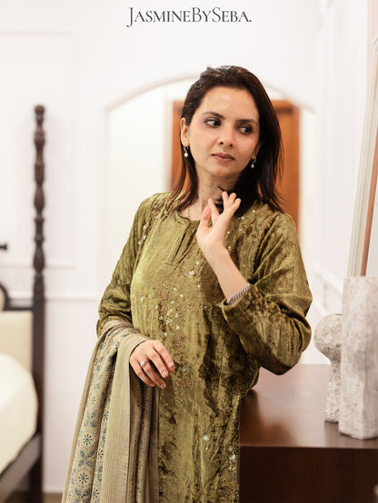 Ajrakh hand dyed hand block printed velvet silk salwar set with hand embroidry