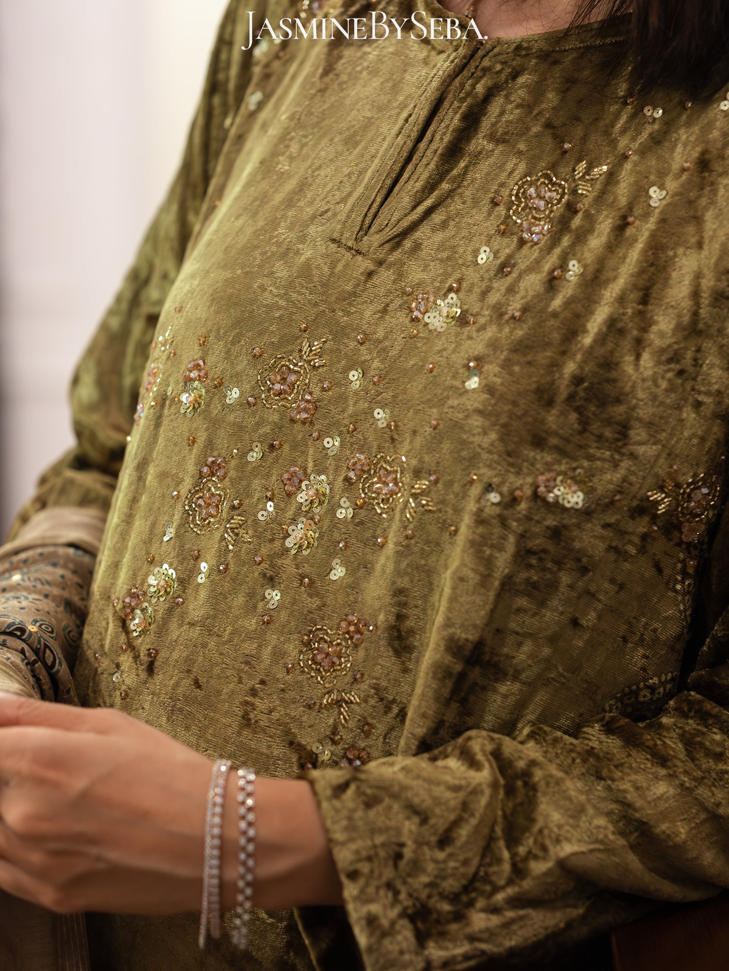 Ajrakh hand dyed hand block printed velvet silk salwar set with hand embroidry