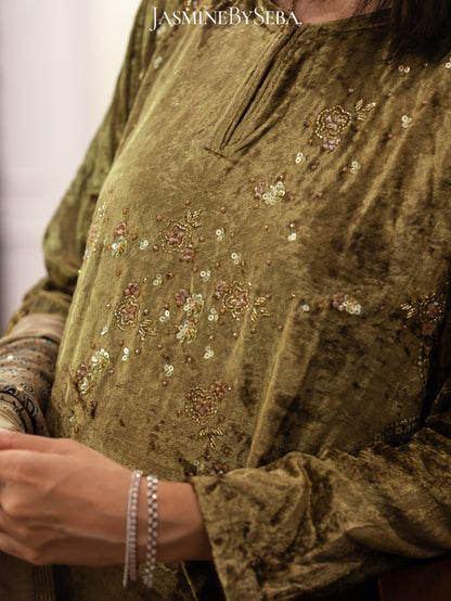 Ajrakh hand dyed hand block printed velvet silk salwar set with hand embroidry