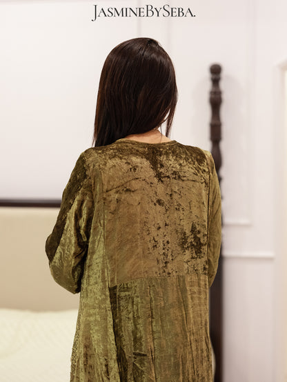 Ajrakh hand dyed hand block printed velvet silk salwar set with hand embroidry