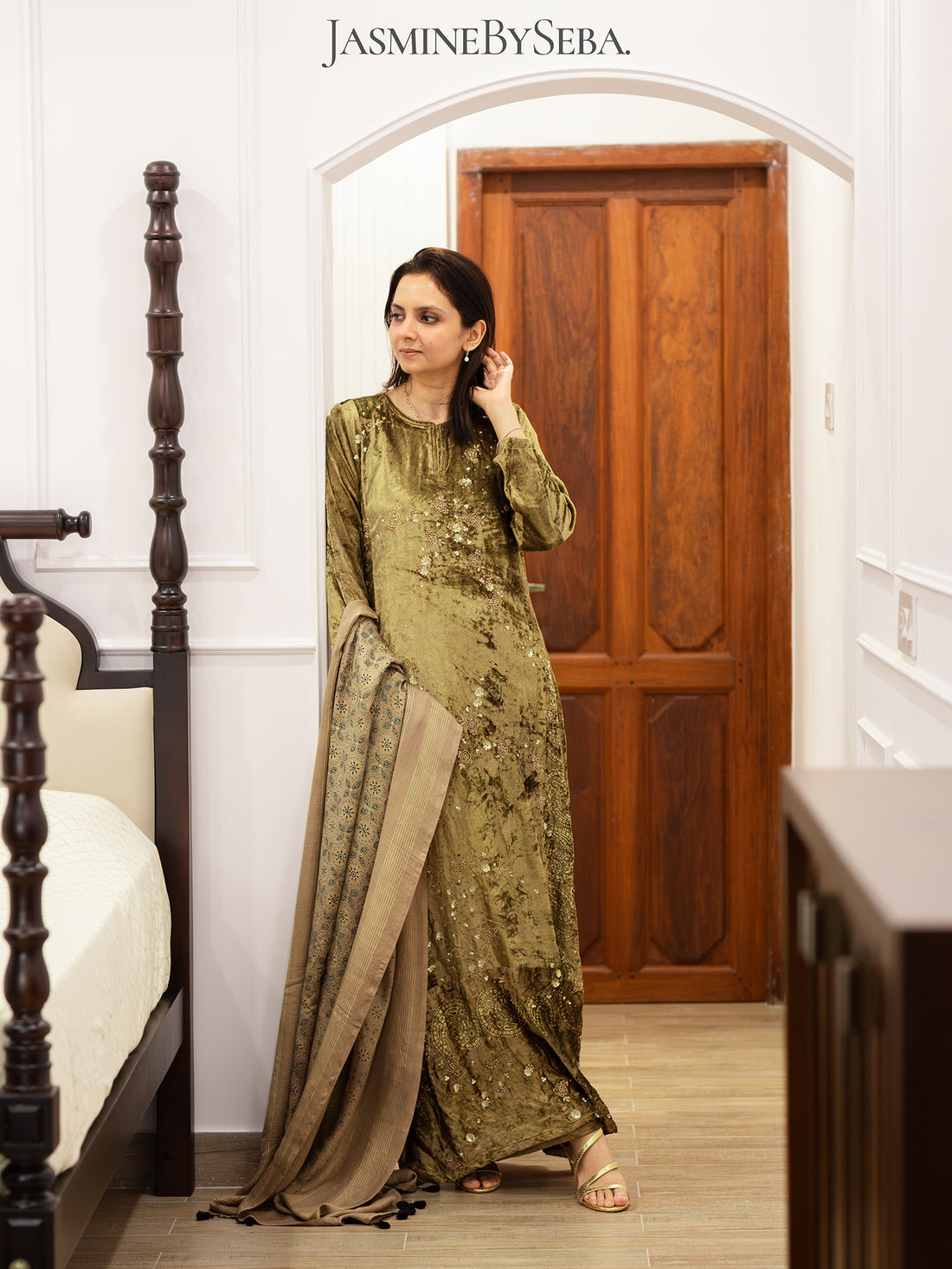 Ajrakh hand dyed hand block printed velvet silk salwar set with hand embroidry