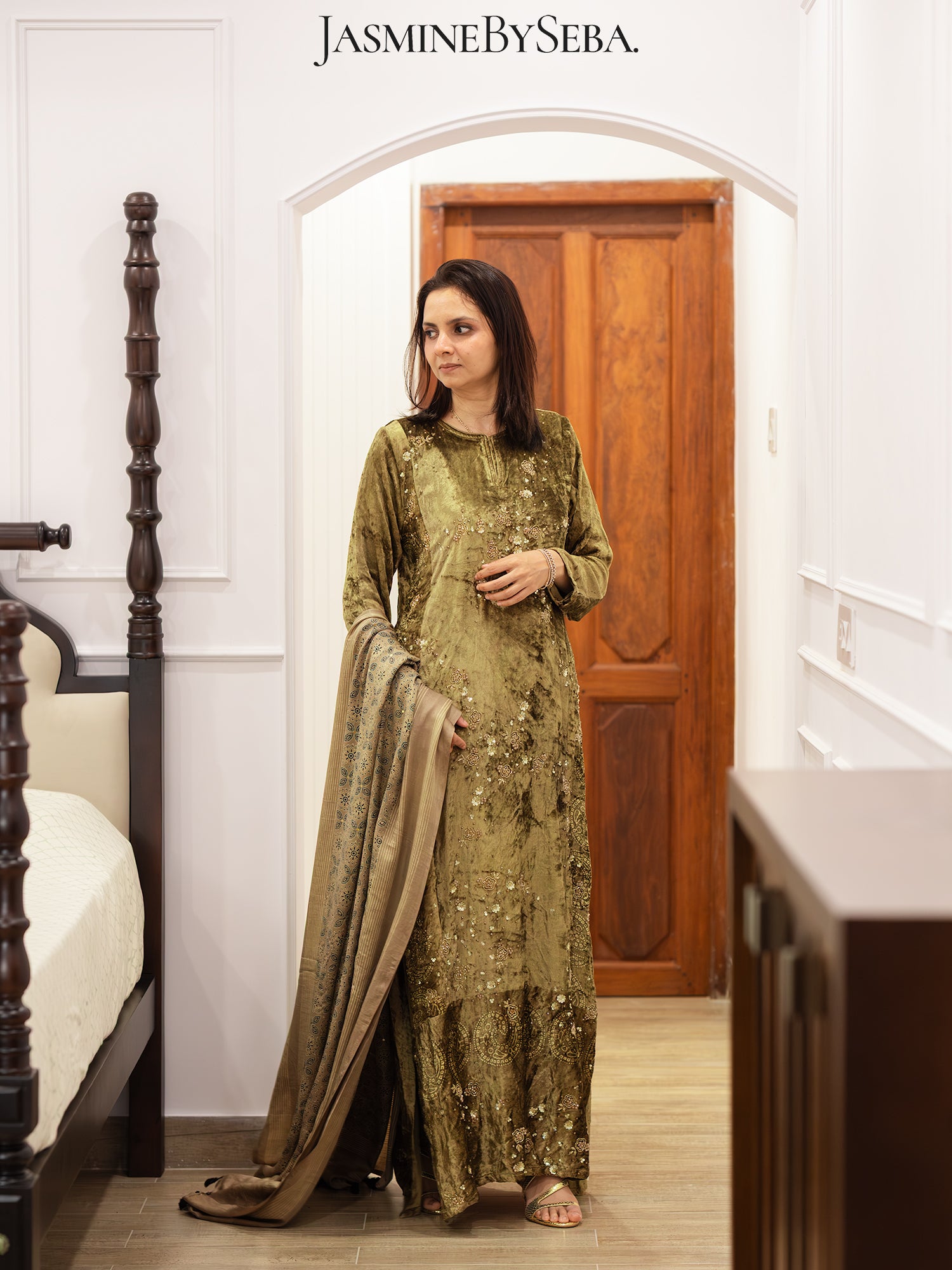 Ajrakh hand dyed hand block printed velvet silk salwar set with hand embroidry