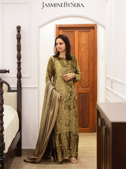 Ajrakh hand dyed hand block printed velvet silk salwar set with hand embroidry