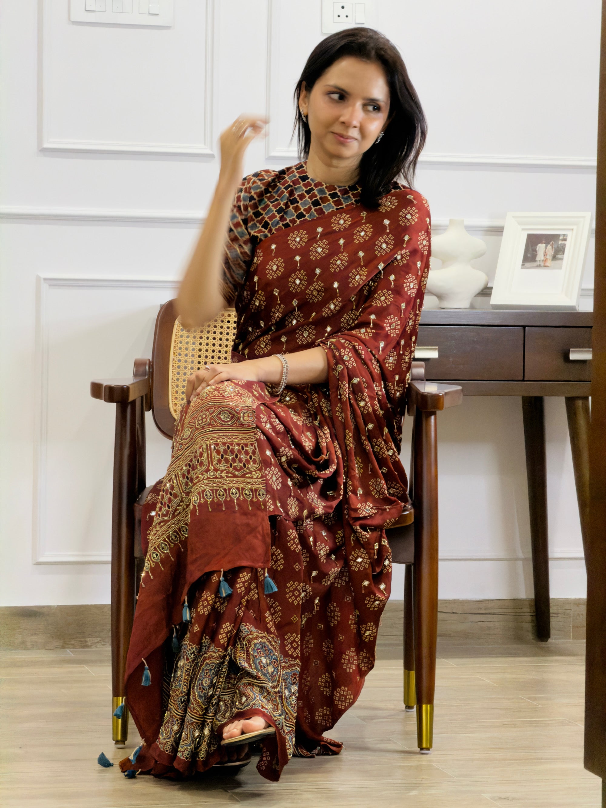 Ajrakh pure modal silk hand dyed, hand block printed and handworked saree