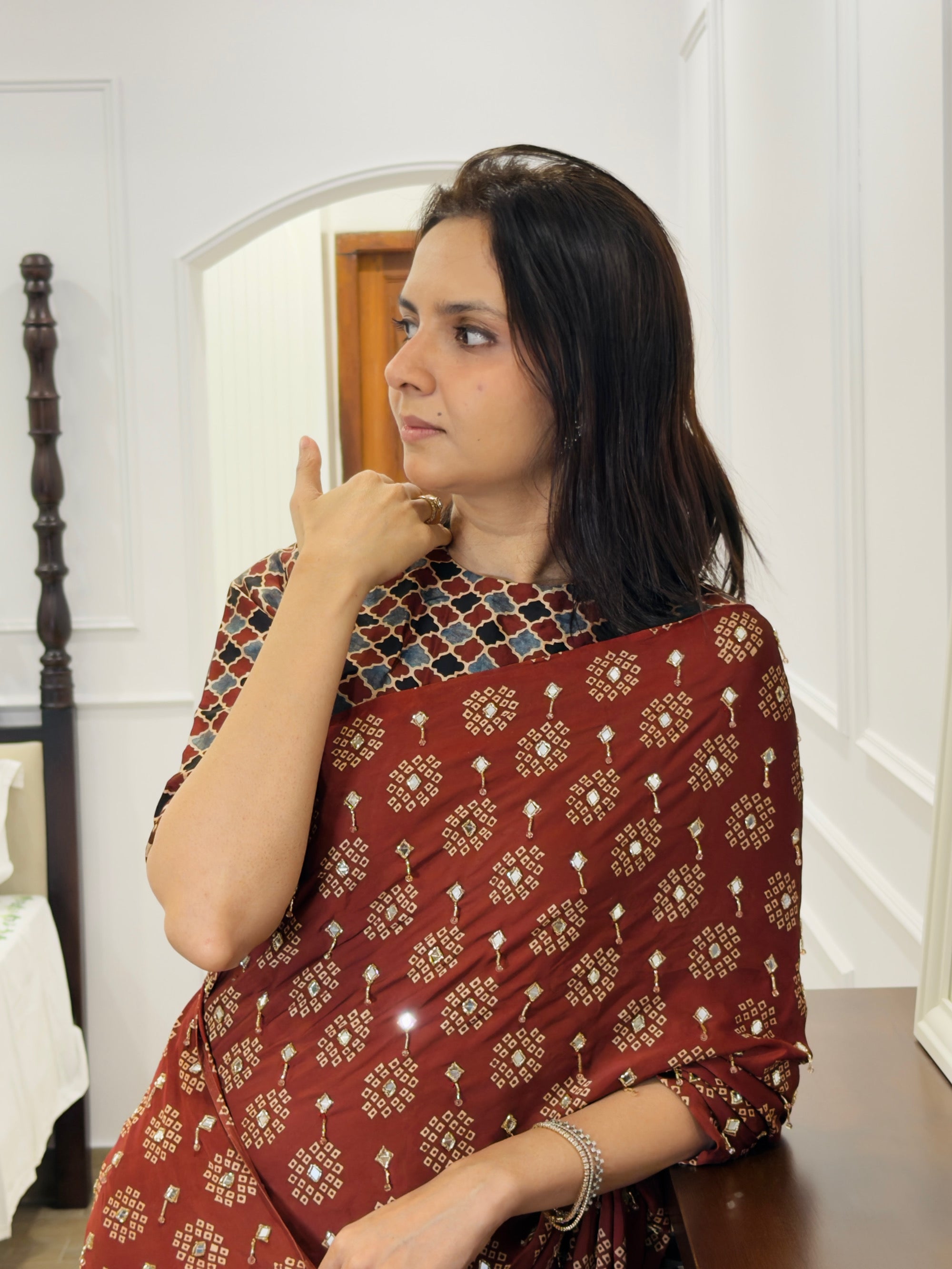 Ajrakh pure modal silk hand dyed, hand block printed and handworked saree