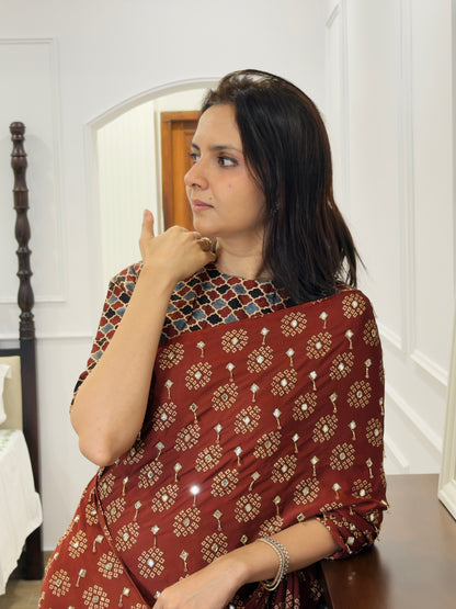 Ajrakh pure modal silk hand dyed, hand block printed and handworked saree