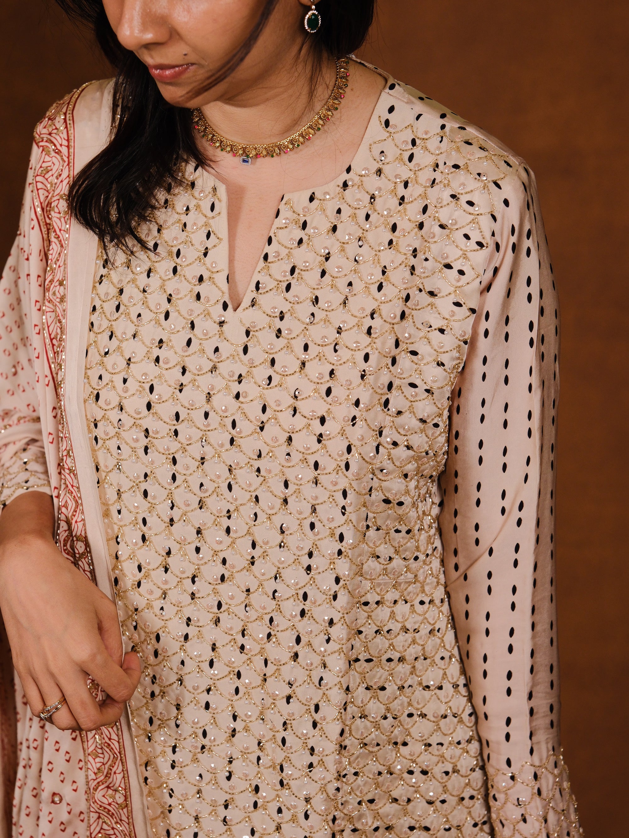 Ajrakh hand dyed hand block printed modal silk sharara set with cut bead handwork