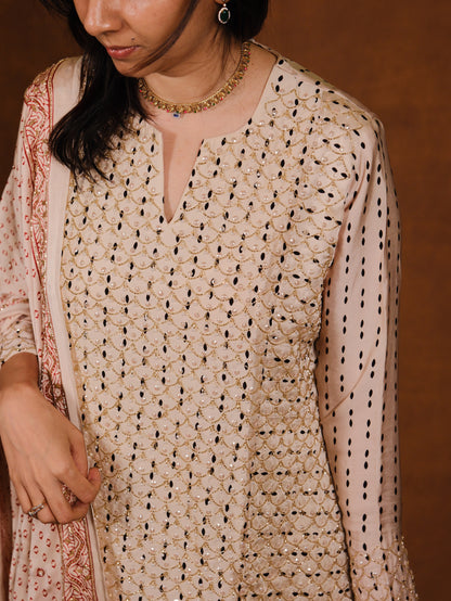 Ajrakh hand dyed hand block printed modal silk sharara set with cut bead handwork