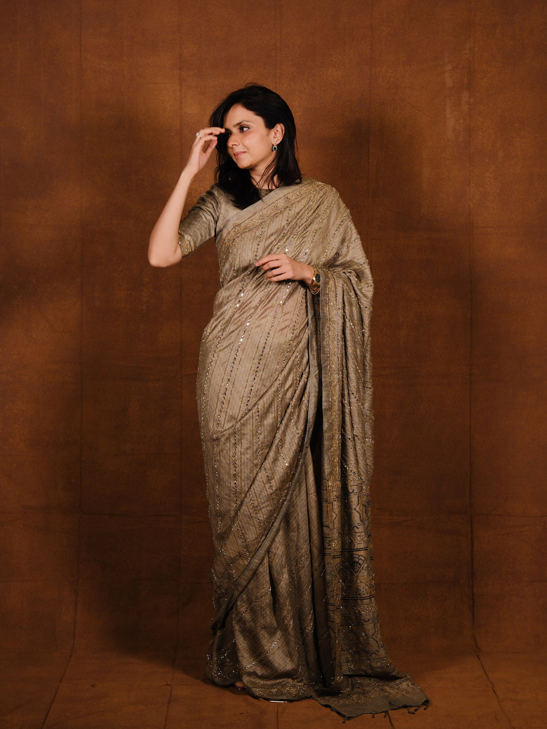 Ajrakh pure handloom tussar silk hand dyed, hand block printed and handworked saree
